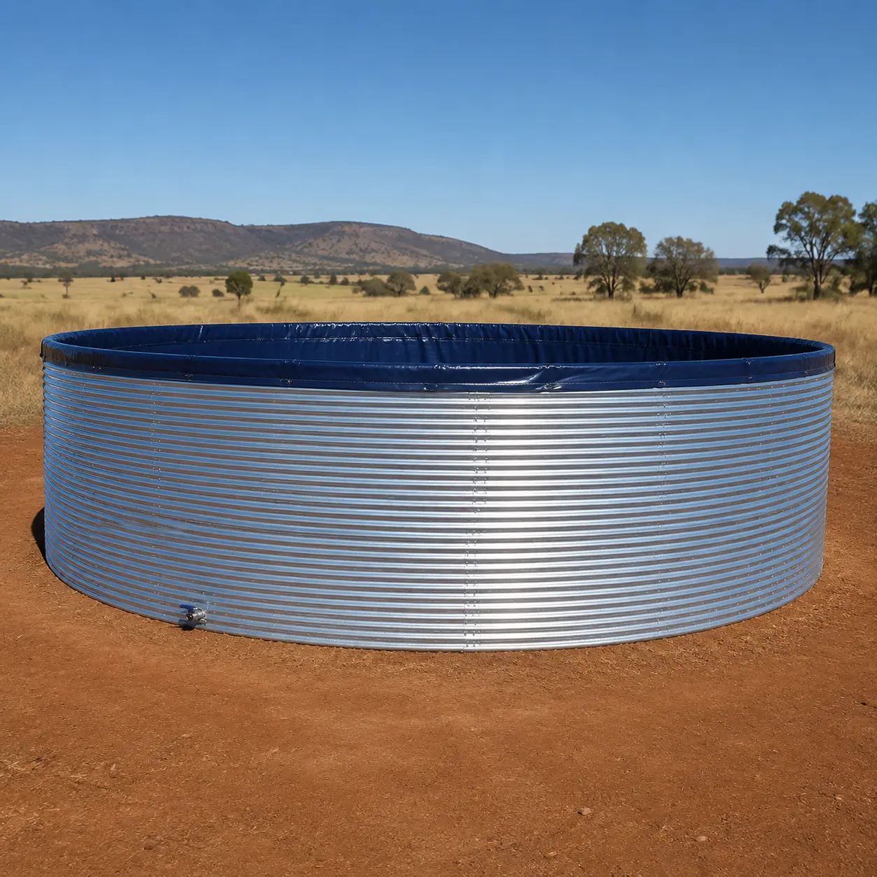 Corrugated steel water reservoir installed for farm water storage in South Africa
