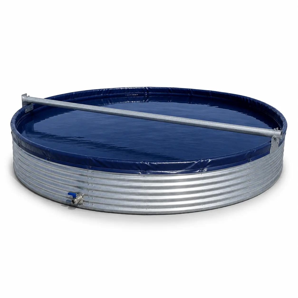 Shallow corrugated steel fish pond with reinforced PVC liner